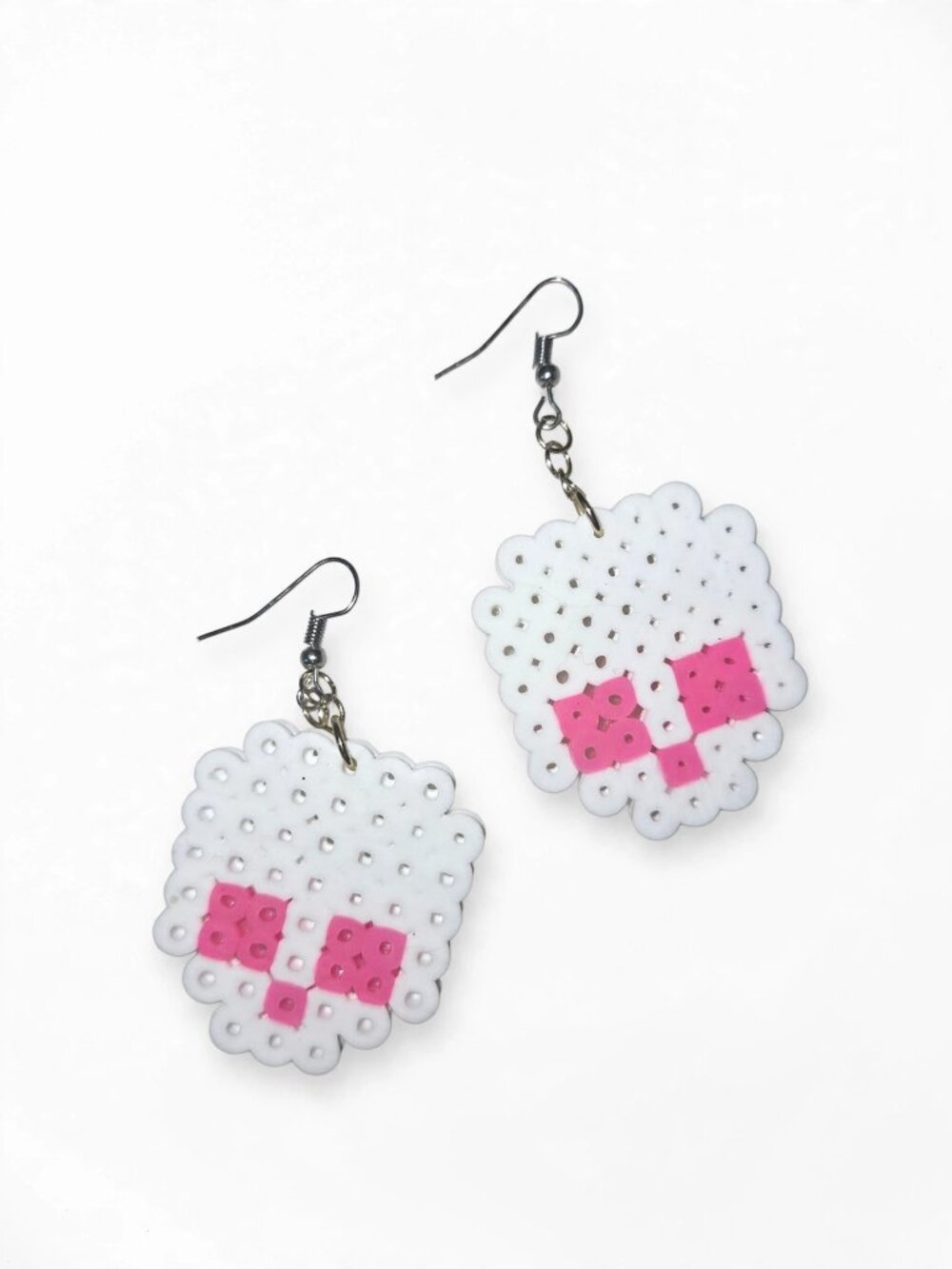 Handmade White Pink Skull Perler Bead Dangle Earrings